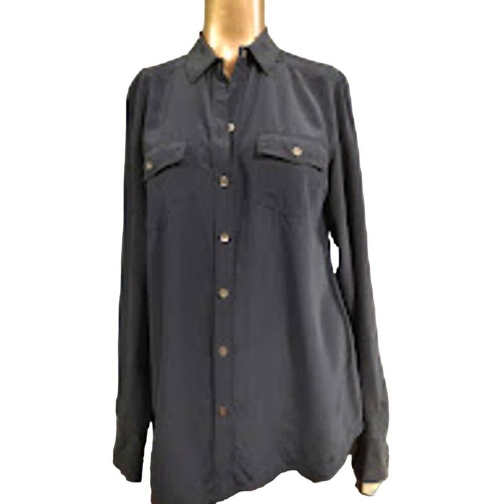 Ann Taylor Button Down Long Sleeve Silk Shirt, Navy, Size‎ 6
